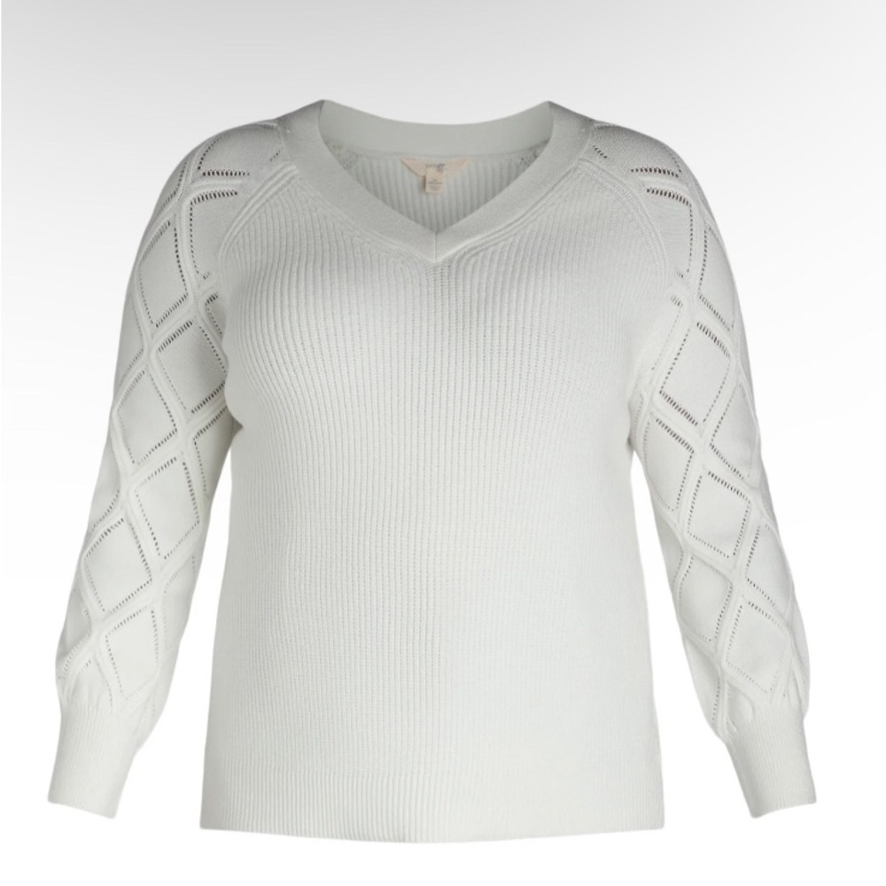 TERRA & SKY Womens Plus V-Neck Ivory  Pointelle Knit Sweater Size 5X New